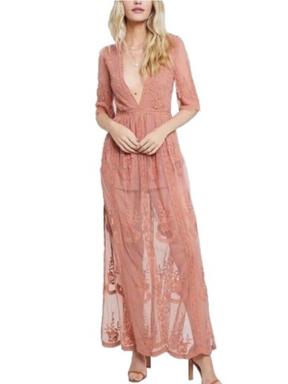 Honey Punch Dusty Rose Lace Plunge Maxi romper overlay size large - Picture 2 of 12